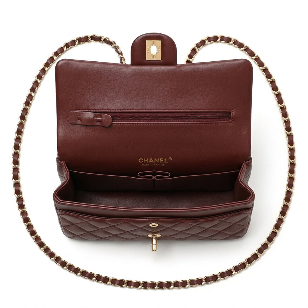 Medium Double Flap Shoulder Bag - Burgundy Grained Leather & Gold Hardware