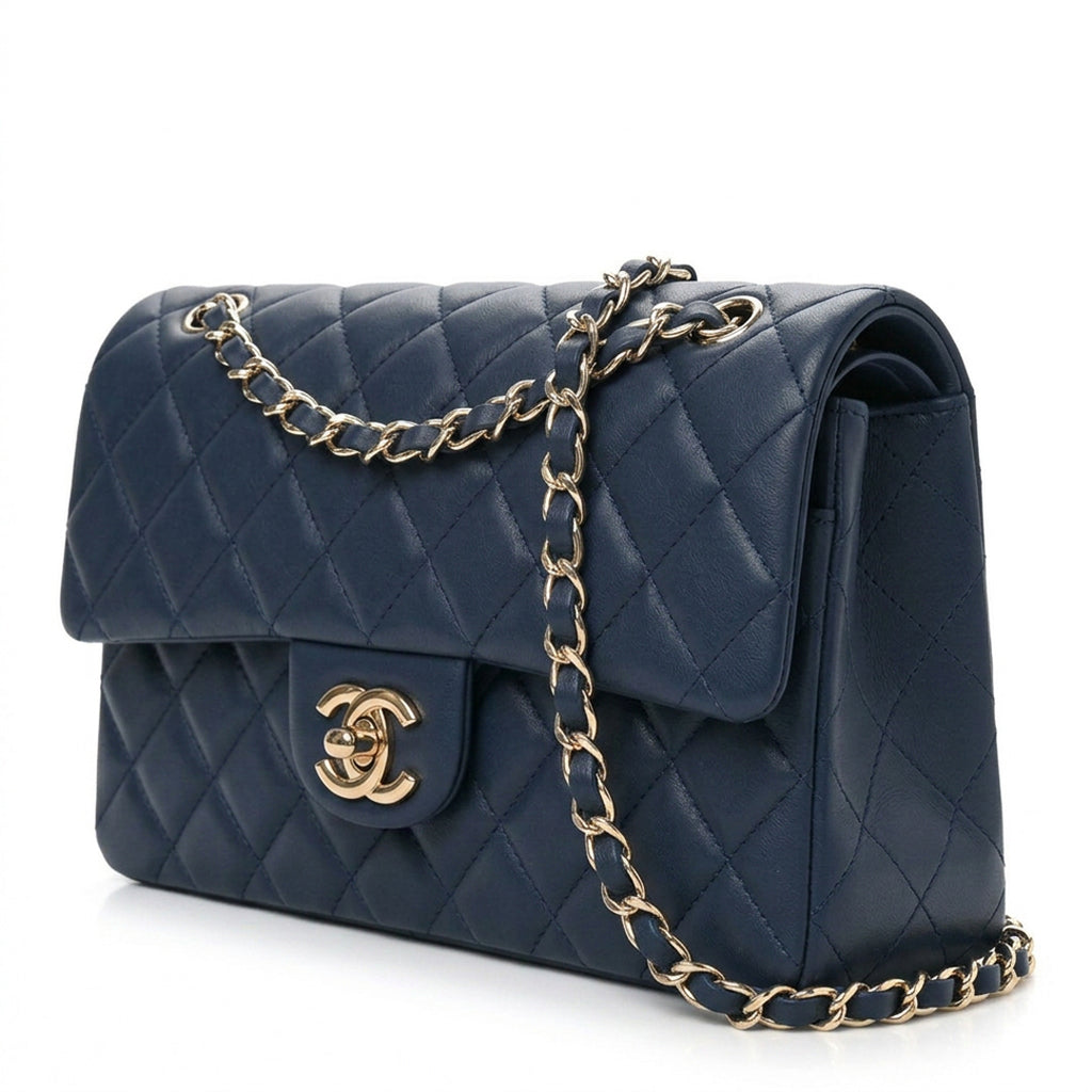 Medium Quilted Flap Bag - Navy Blue Lambskin & Gold Hardware