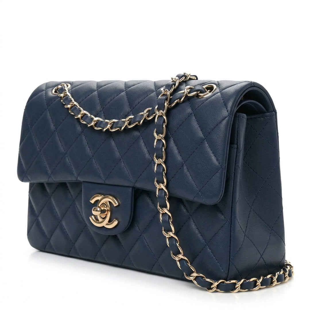Medium Quilted Flap Bag - Navy Blue Lambskin & Gold Hardware