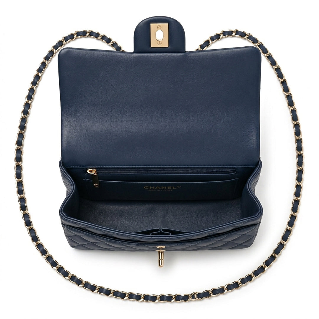 Medium Quilted Flap Bag - Navy Blue Lambskin & Gold Hardware