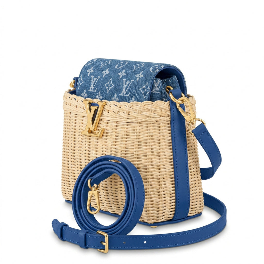 Mini Top Handle Structured Flap Bag - Woven Straw & Blue Denim Print Flap