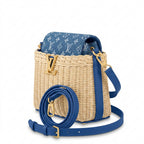 Mini Top Handle Structured Flap Bag - Woven Straw & Blue Denim Print Flap