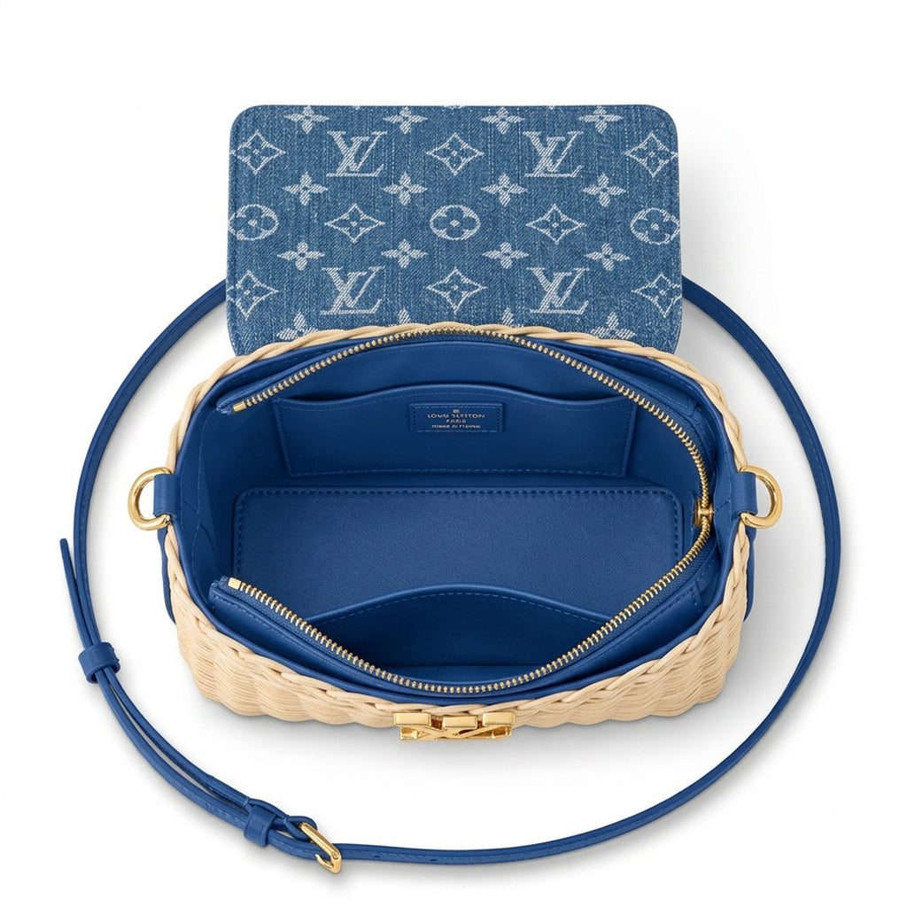 Mini Top Handle Structured Flap Bag - Woven Straw & Blue Denim Print Flap