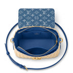 Mini Top Handle Structured Flap Bag - Woven Straw & Blue Denim Print Flap