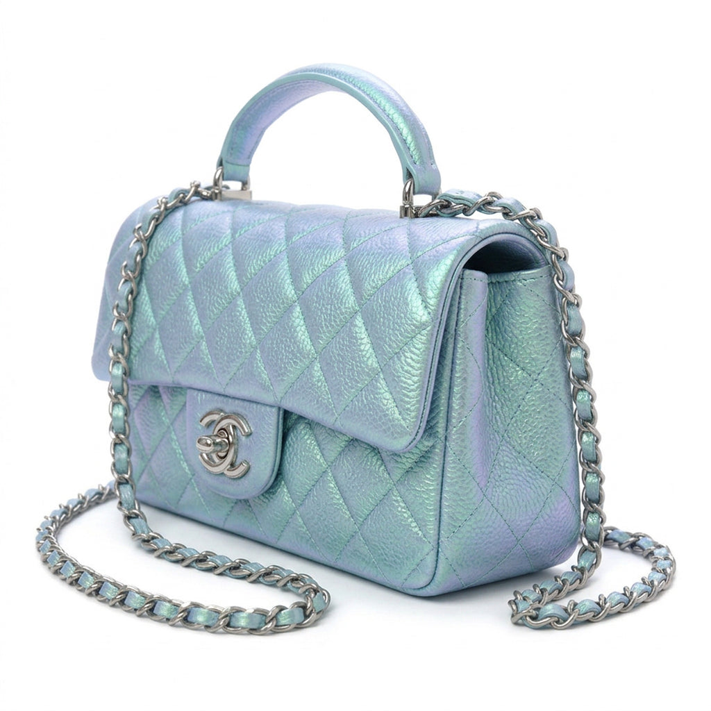 Mini Top Handle Flap Bag - Iridescent Mermaid Green Grained Leather