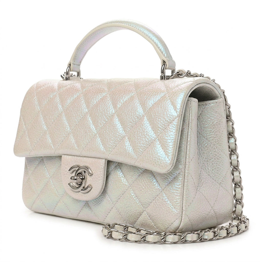 Mini Top Handle Flap Bag - Iridescent Pearl White Grained Leather