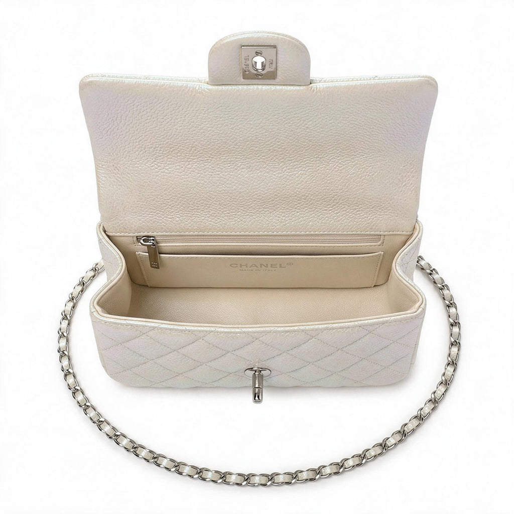 Mini Top Handle Flap Bag - Iridescent Pearl White Grained Leather