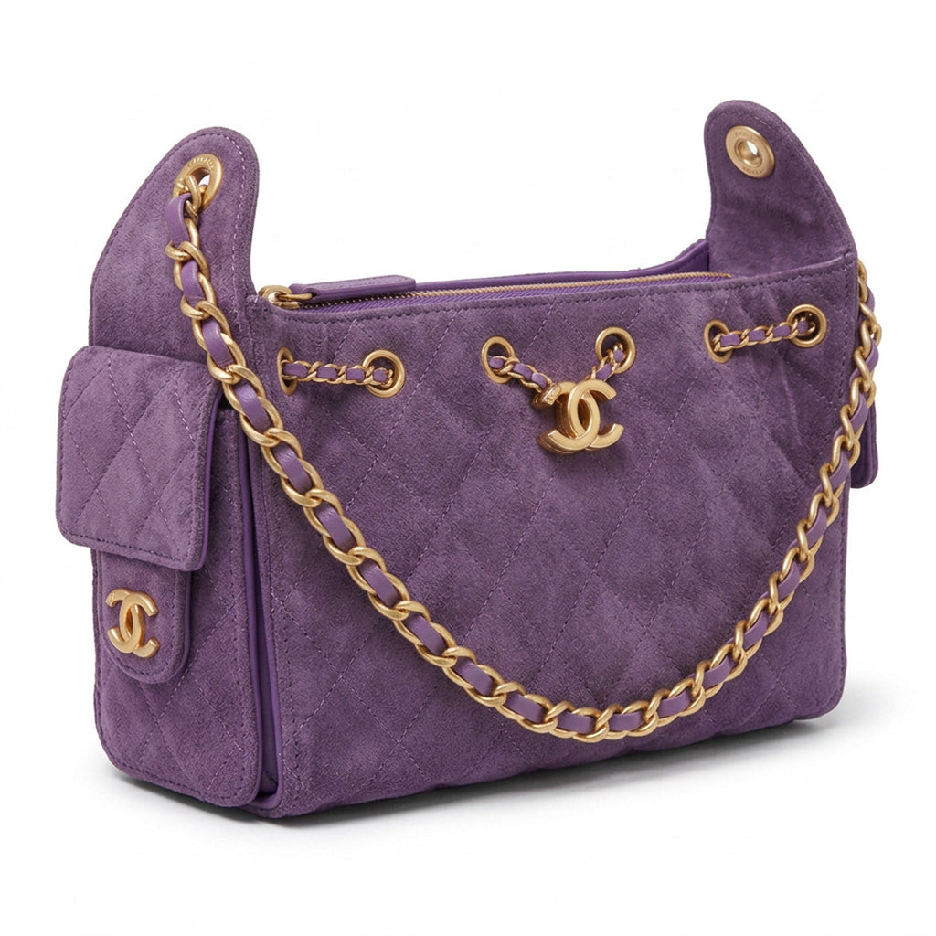 Drawstring Hobo Bag - Purple Suede & Gold Hardware