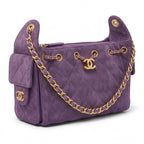 Drawstring Hobo Bag - Purple Suede & Gold Hardware