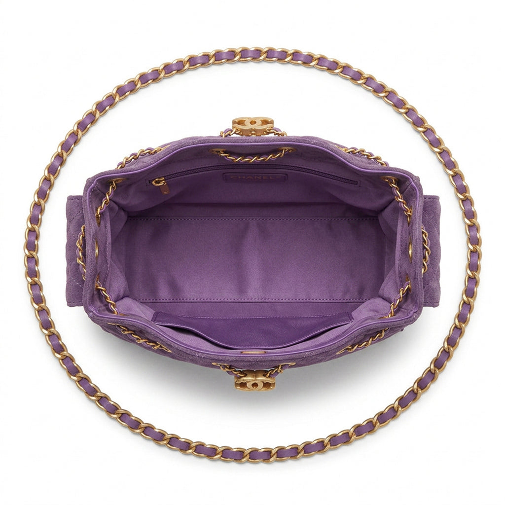 Drawstring Hobo Bag - Purple Suede & Gold Hardware