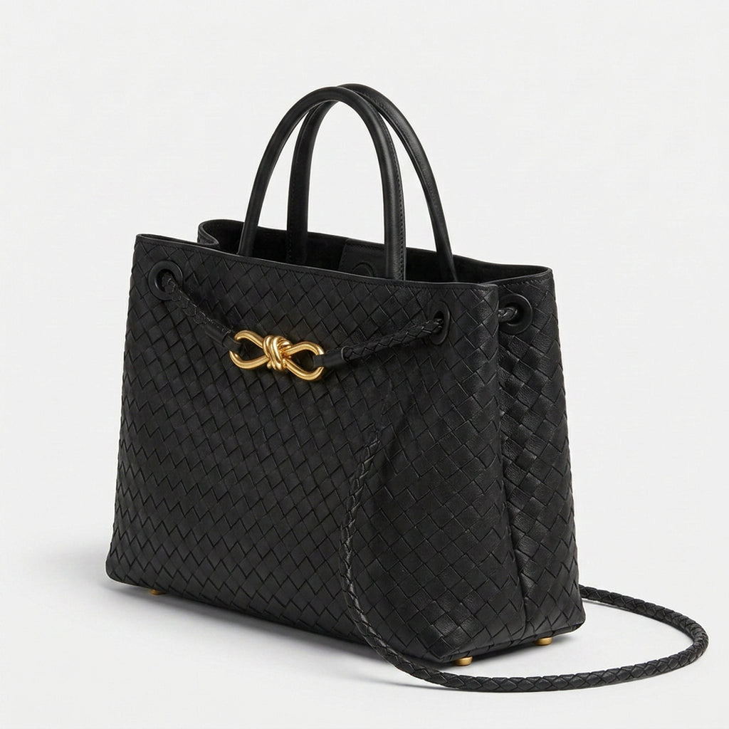 Small Woven Leather Top Handle Bag - Basketweave Woven Leather (Black)
