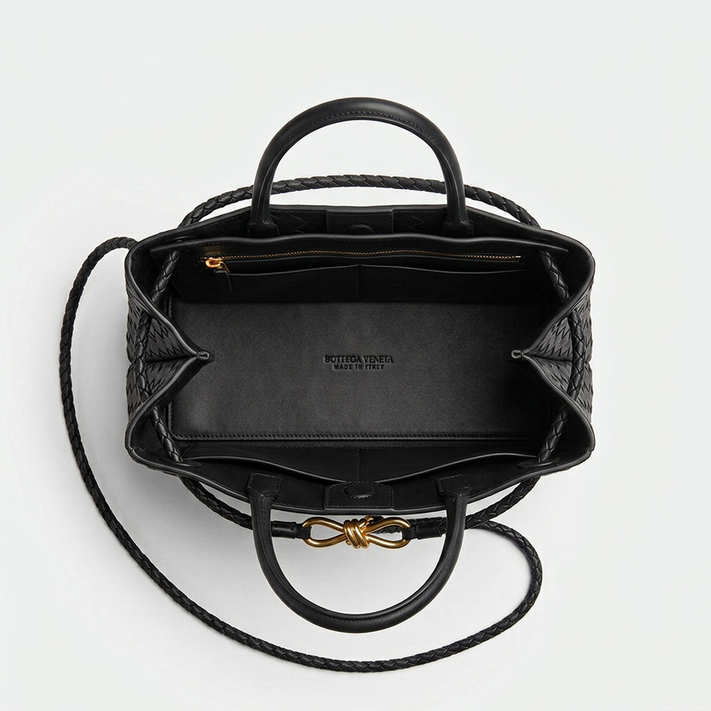 Small Woven Leather Top Handle Bag - Basketweave Woven Leather (Black)