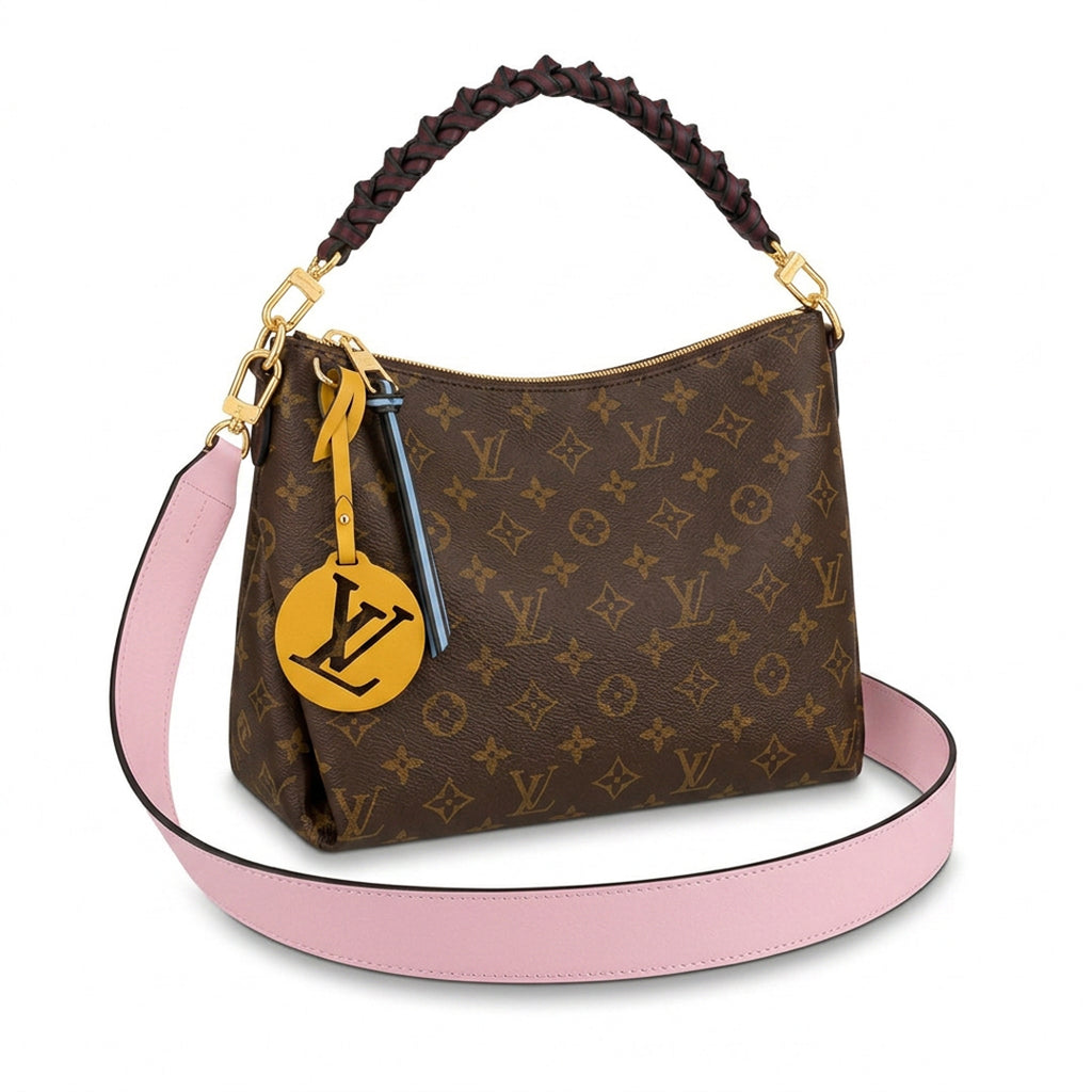 Woven-Handle Hobo Bag Medium - Monogram-Print Canvas & Pink Leather Strap