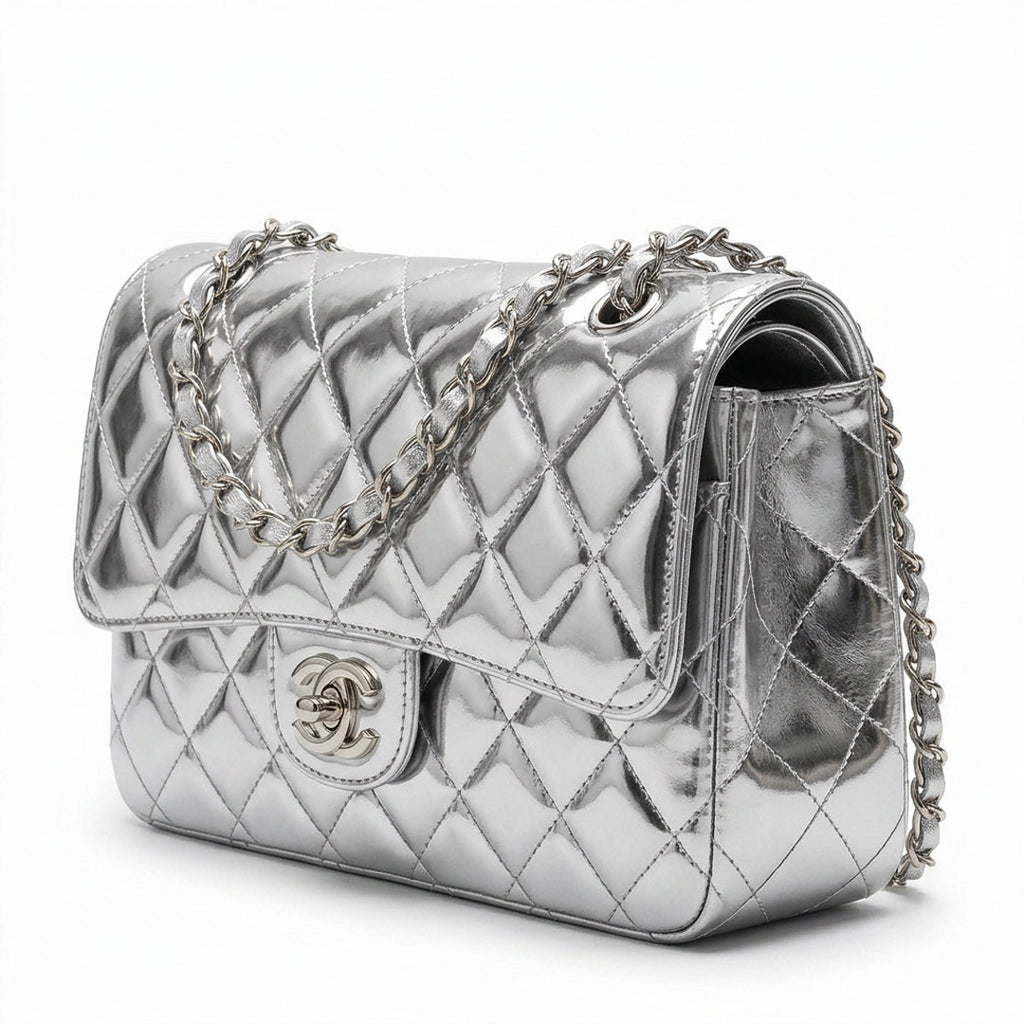Medium Quilted Flap Bag - Silver Metallic Patent Leather & Silver Hardware