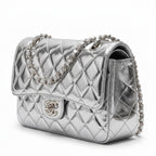 Medium Quilted Flap Bag - Silver Metallic Patent Leather & Silver Hardware