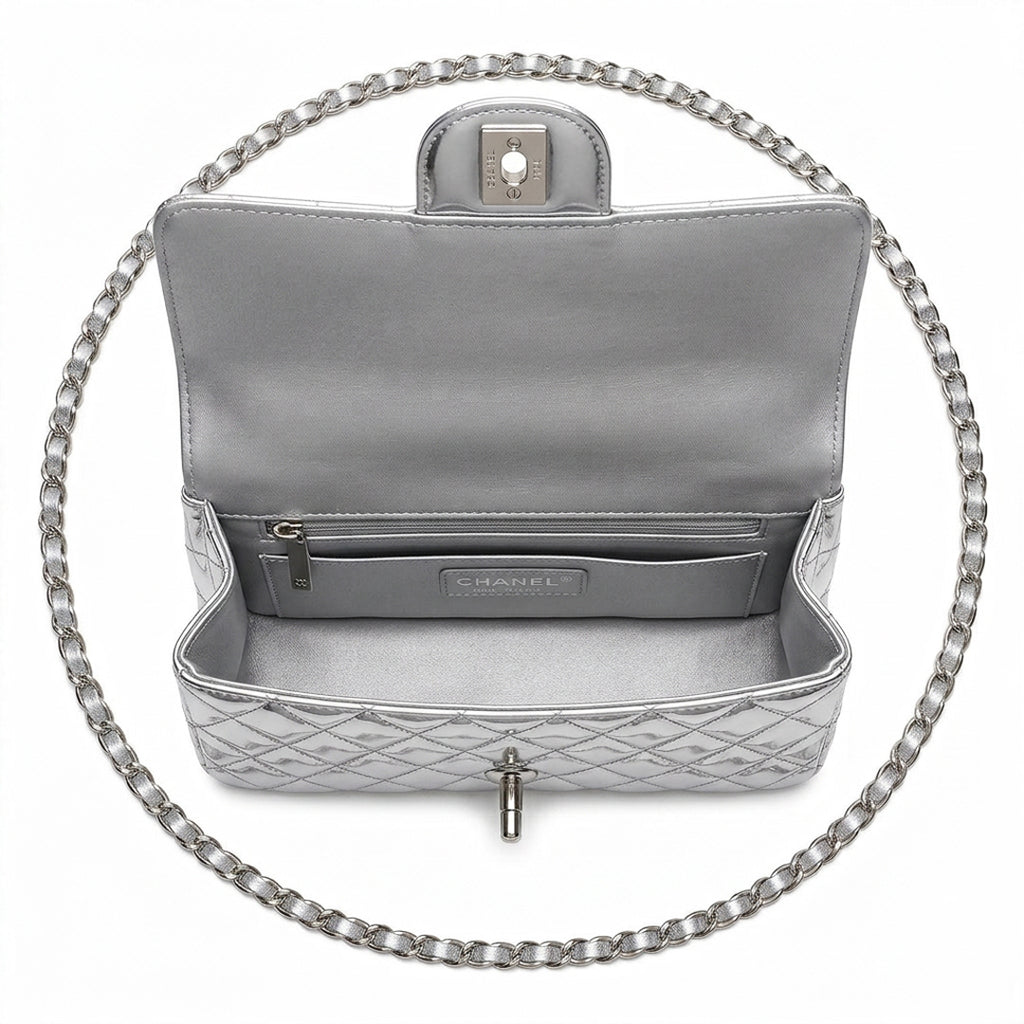 Medium Quilted Flap Bag - Silver Metallic Patent Leather & Silver Hardware