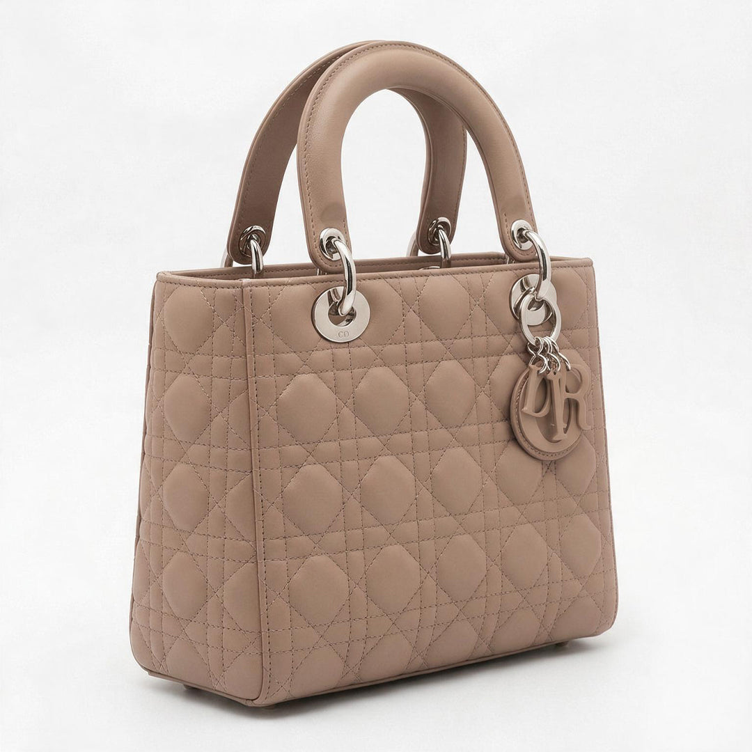 Medium Quilted Top Handle Bag - Beige Diamond-Quilted Lambskin & Silver Hardware