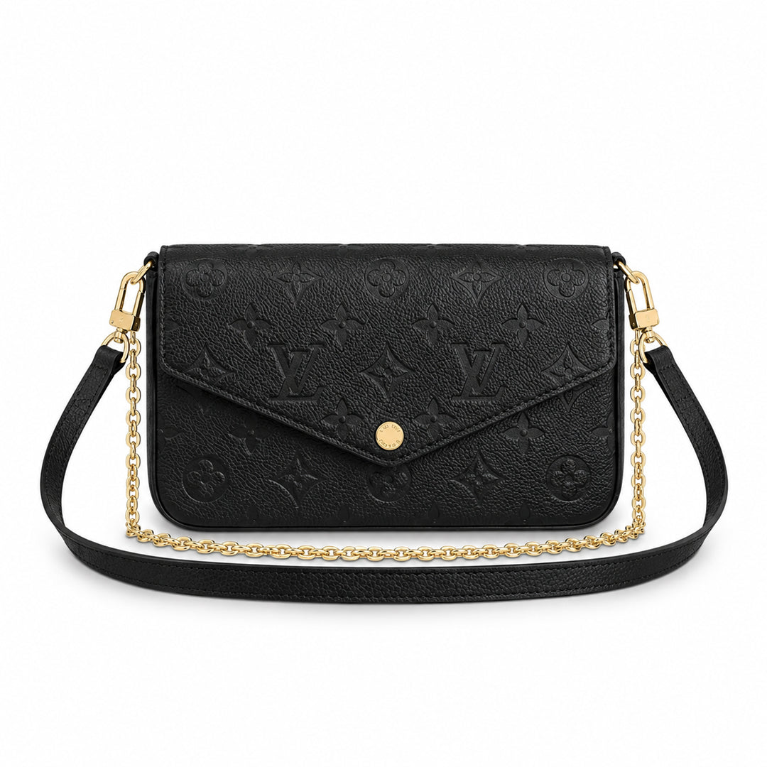 Chain Pochette Clutch - Embossed Monogram-Print Leather (Black)