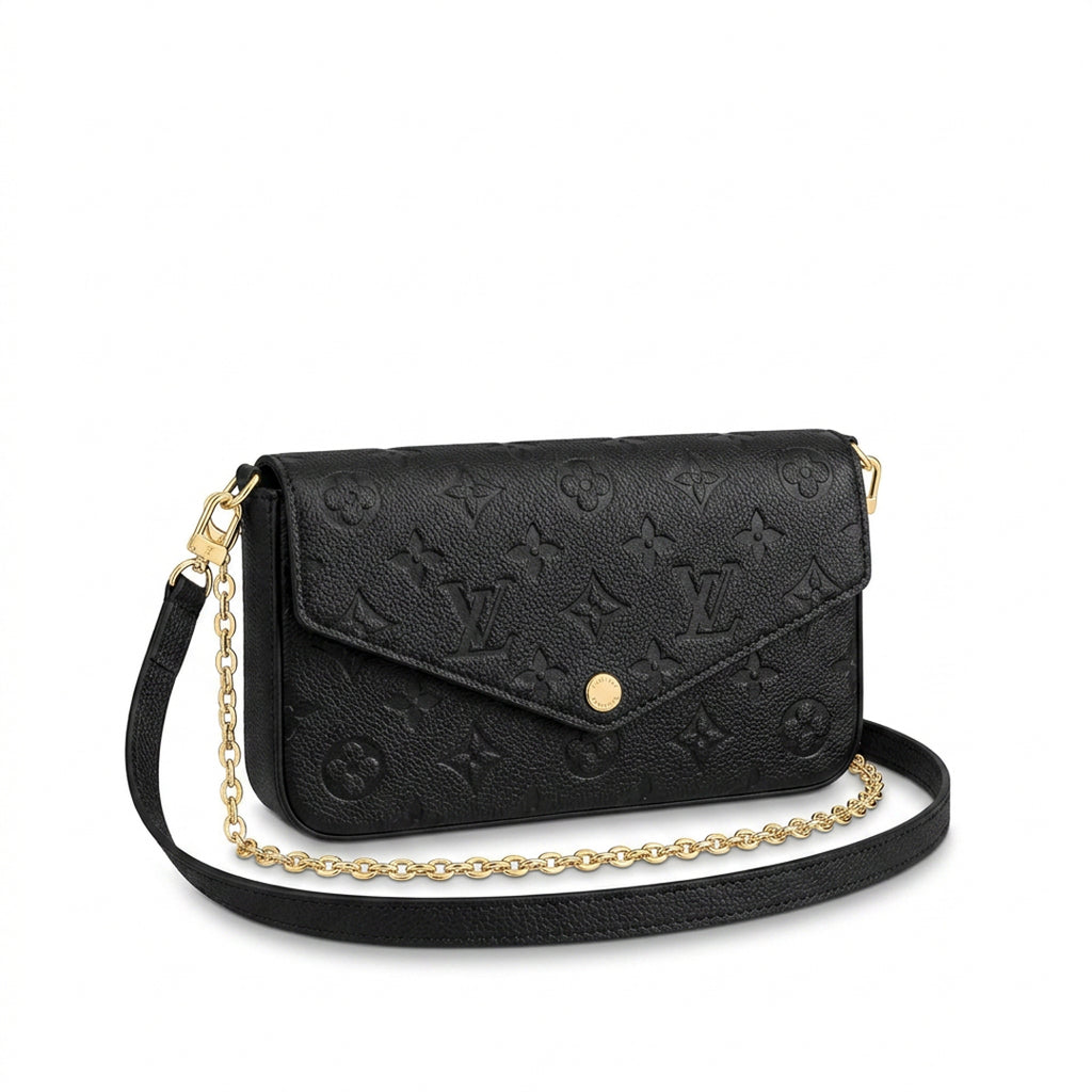 Chain Pochette Clutch - Embossed Monogram-Print Leather (Black)