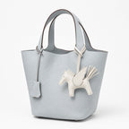 Bucket Tote 18 with Lock - Pale Blue Grained Calfskin & White Horse Charm