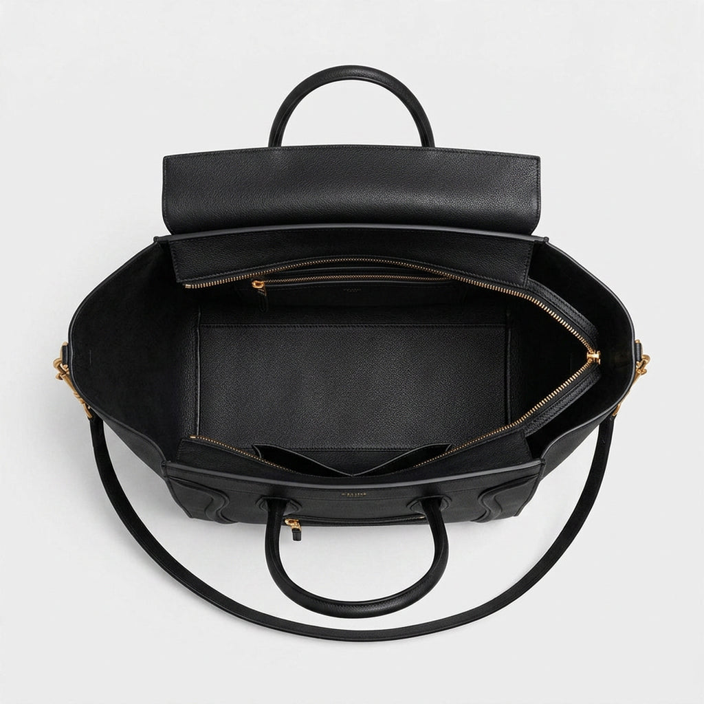 Winged Top Handle Bag - Black Drummed Calfskin & Gold Hardware