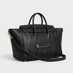 Winged Top Handle Bag - Black Drummed Calfskin & Gold Hardware