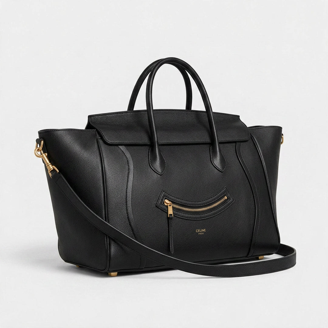 Winged Top Handle Bag - Black Drummed Calfskin & Gold Hardware