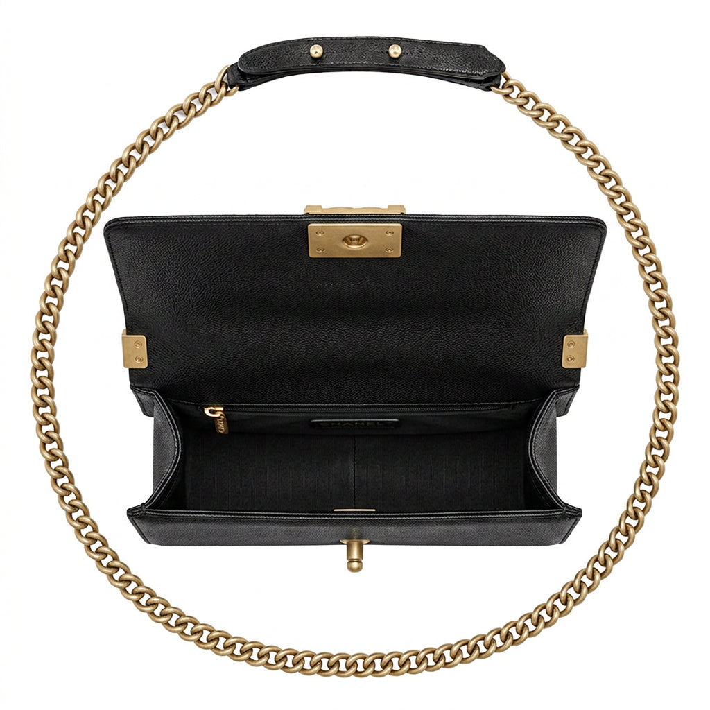 Boxy Quilted Flap Bag Medium - Black Chevron Grained Leather & Gold Hardware