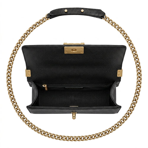 Boxy Quilted Flap Bag Medium - Black Chevron Grained Leather & Gold Hardware