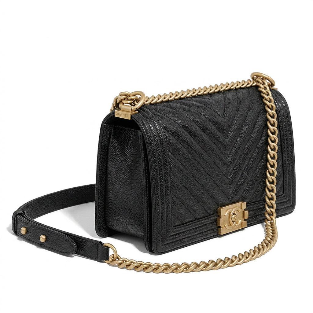 Boxy Quilted Flap Bag Medium - Black Chevron Grained Leather & Gold Hardware