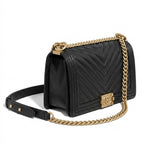 Boxy Quilted Flap Bag Medium - Black Chevron Grained Leather & Gold Hardware