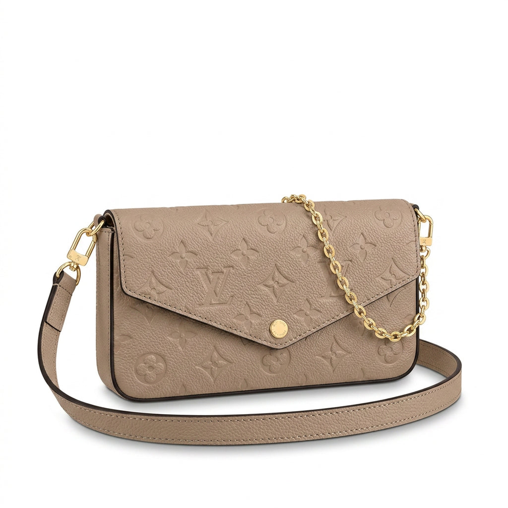Chain Pochette Clutch - Embossed Monogram-Print Leather (Dove Beige)