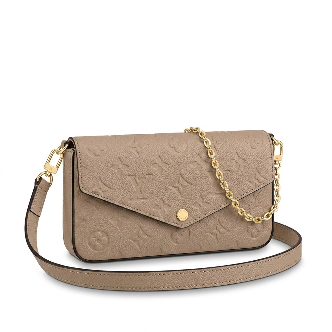 Chain Pochette Clutch - Embossed Monogram-Print Leather (Dove Beige)