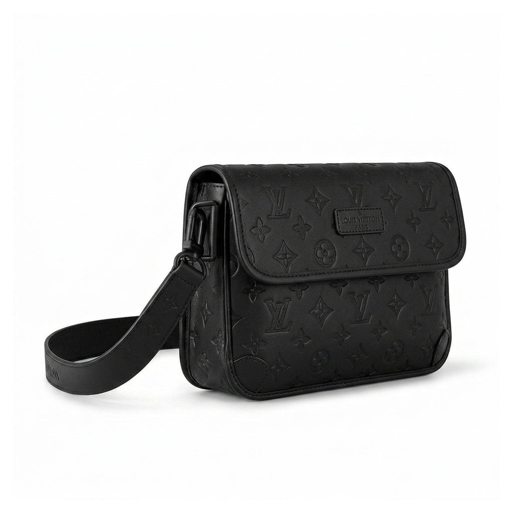 Turnlock Messenger Bag - Black Embossed Monogram-Print Leather