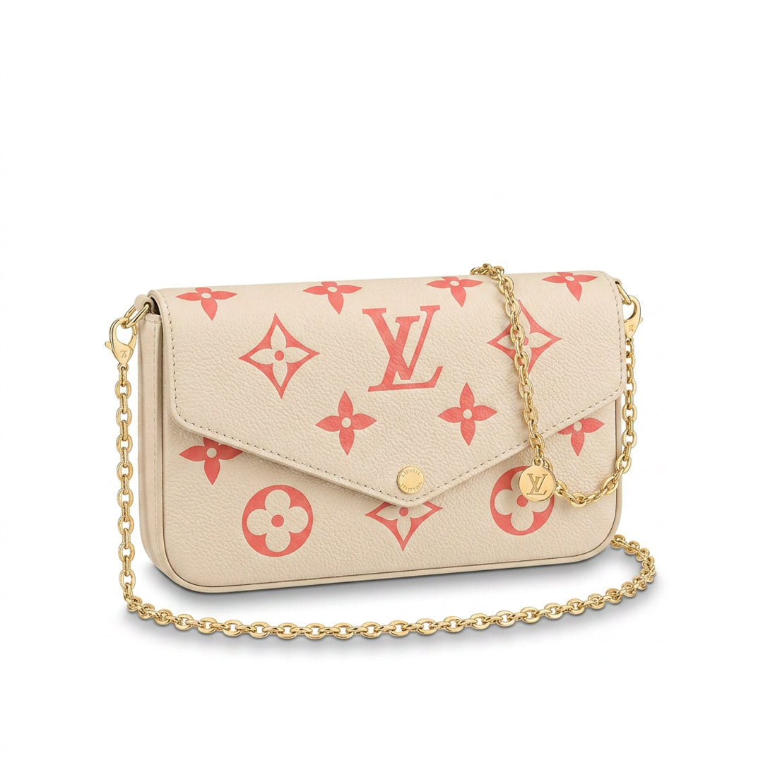 Chain Pochette Clutch - Bicolor Embossed Leather (Cream / Coral Pink)