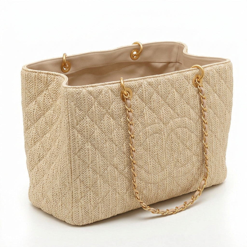 Large Straw Shopping Tote - Woven Raffia Beige & Gold Hardware