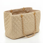 Large Straw Shopping Tote - Woven Raffia Beige & Gold Hardware