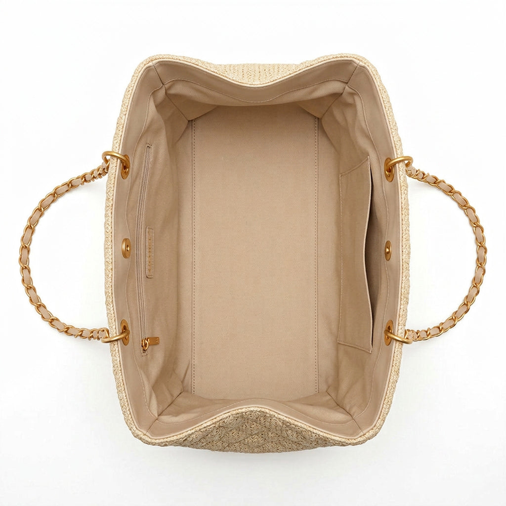 Large Straw Shopping Tote - Woven Raffia Beige & Gold Hardware