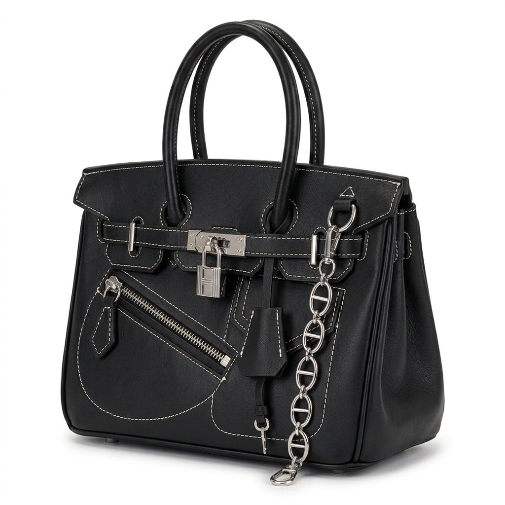 Top Handle Tote 25 - Black Textured Leather & Palladium Hardware