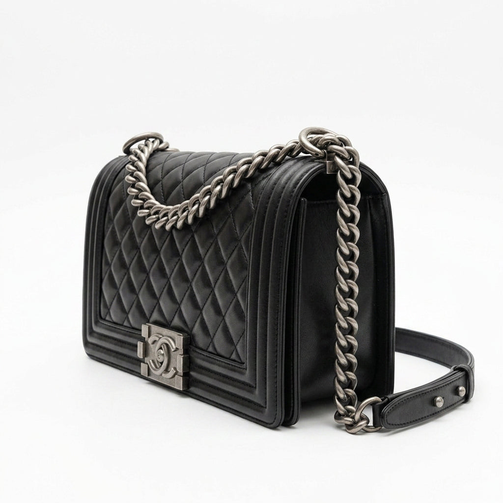 Boxy Quilted Flap Bag Medium - Black Quilted Grained Leather & Ruthenium Hardware