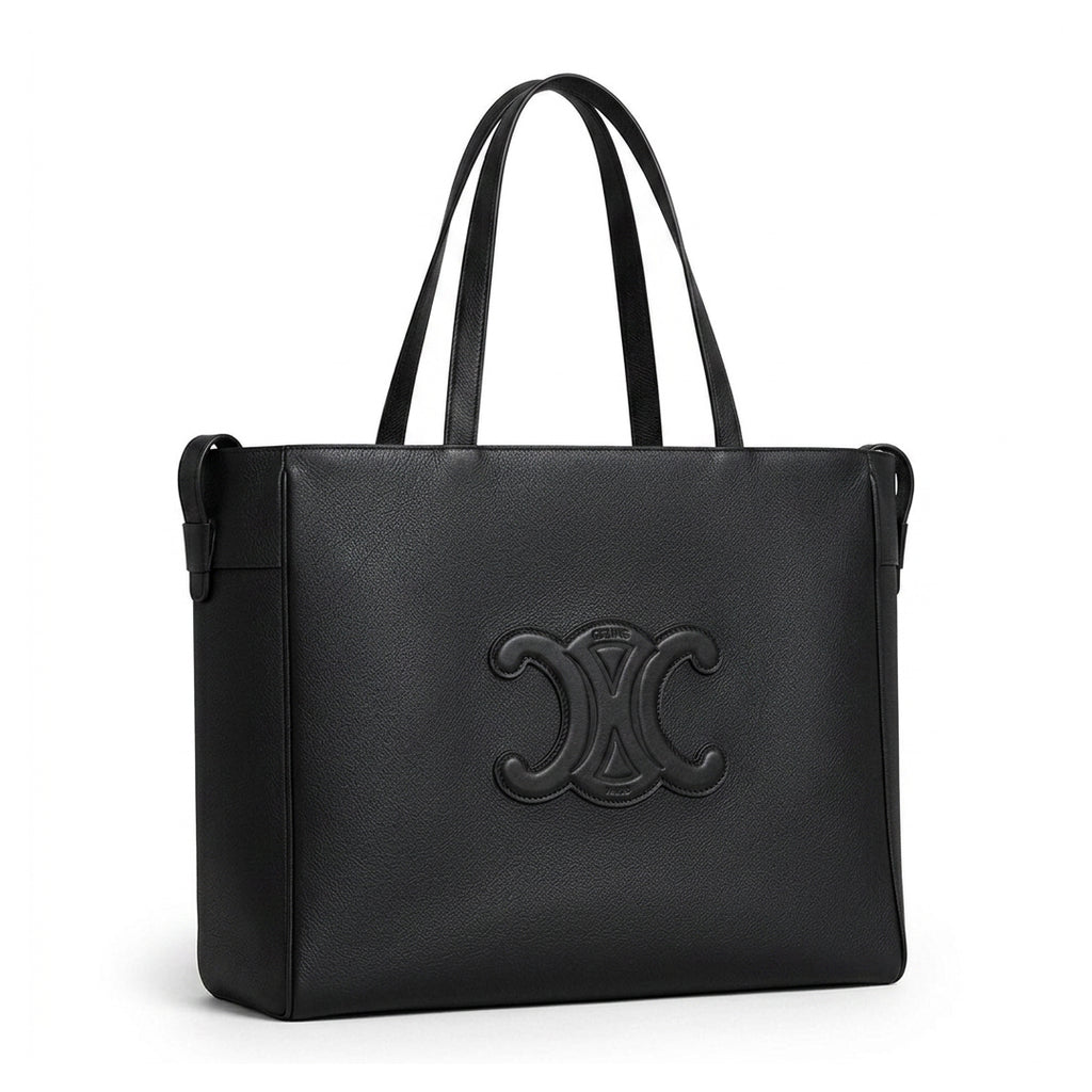 Medium Structured Cabas Tote - Black Grained Calfskin & Logo Emboss