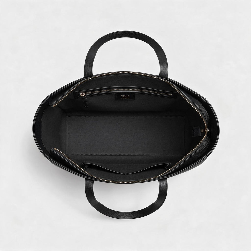 Medium Structured Cabas Tote - Black Grained Calfskin & Logo Emboss