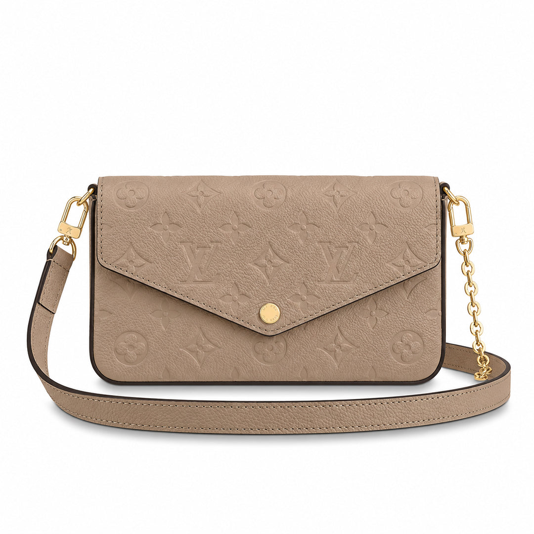 Chain Pochette Clutch - Embossed Monogram-Print Leather (Dove Beige)