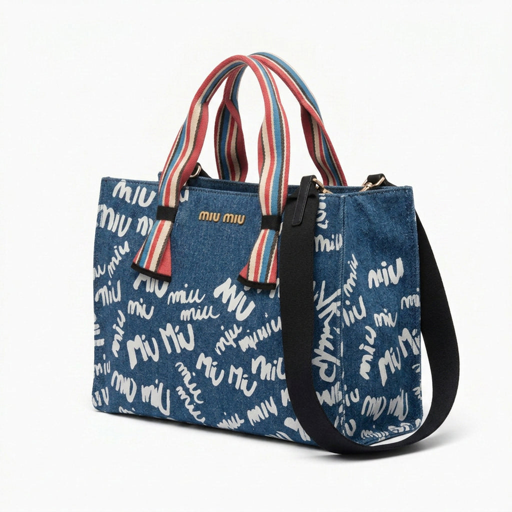 Graffiti Logo Denim Tote - Blue & Brandy Logo Print Canvas