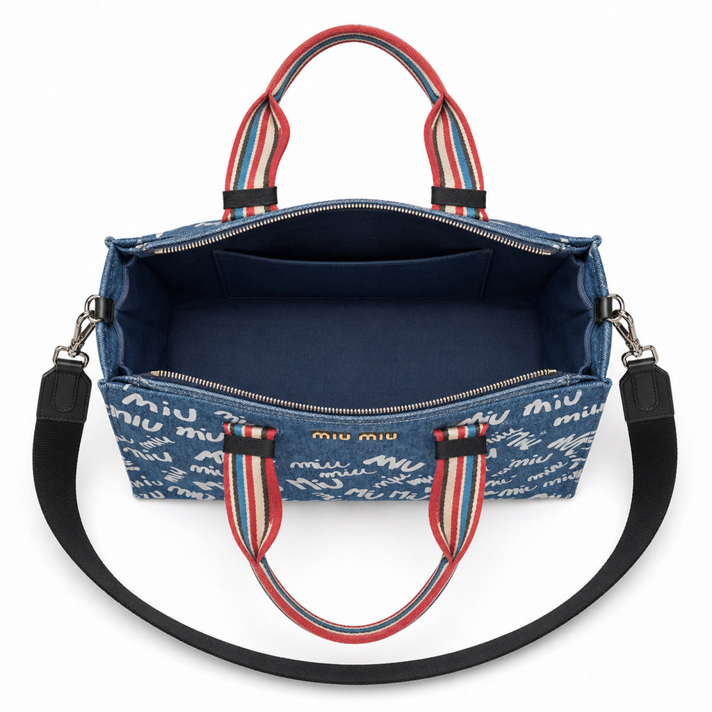 Graffiti Logo Denim Tote - Blue & Brandy Logo Print Canvas