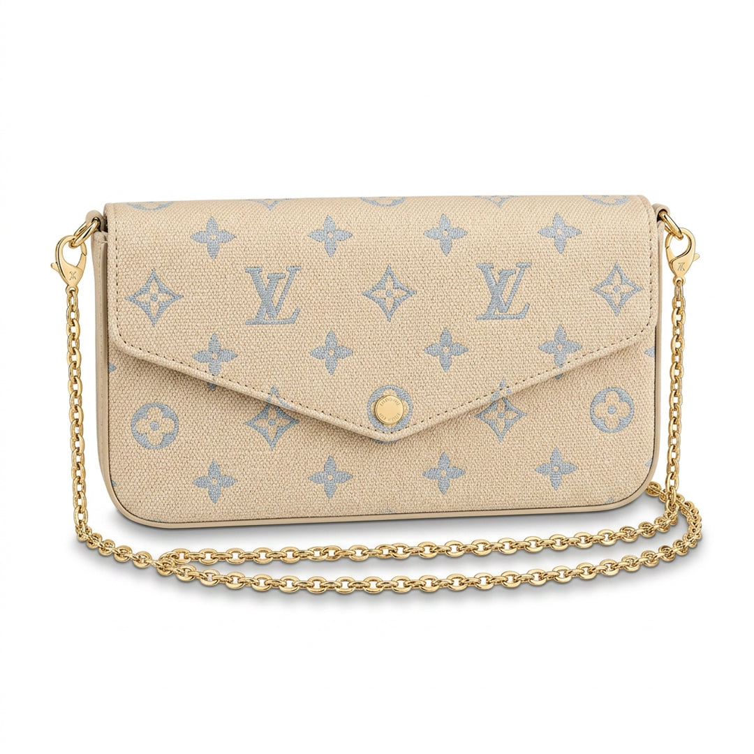 Chain Pochette Clutch - Jacquard Denim & Boucle (Beige / Blue)