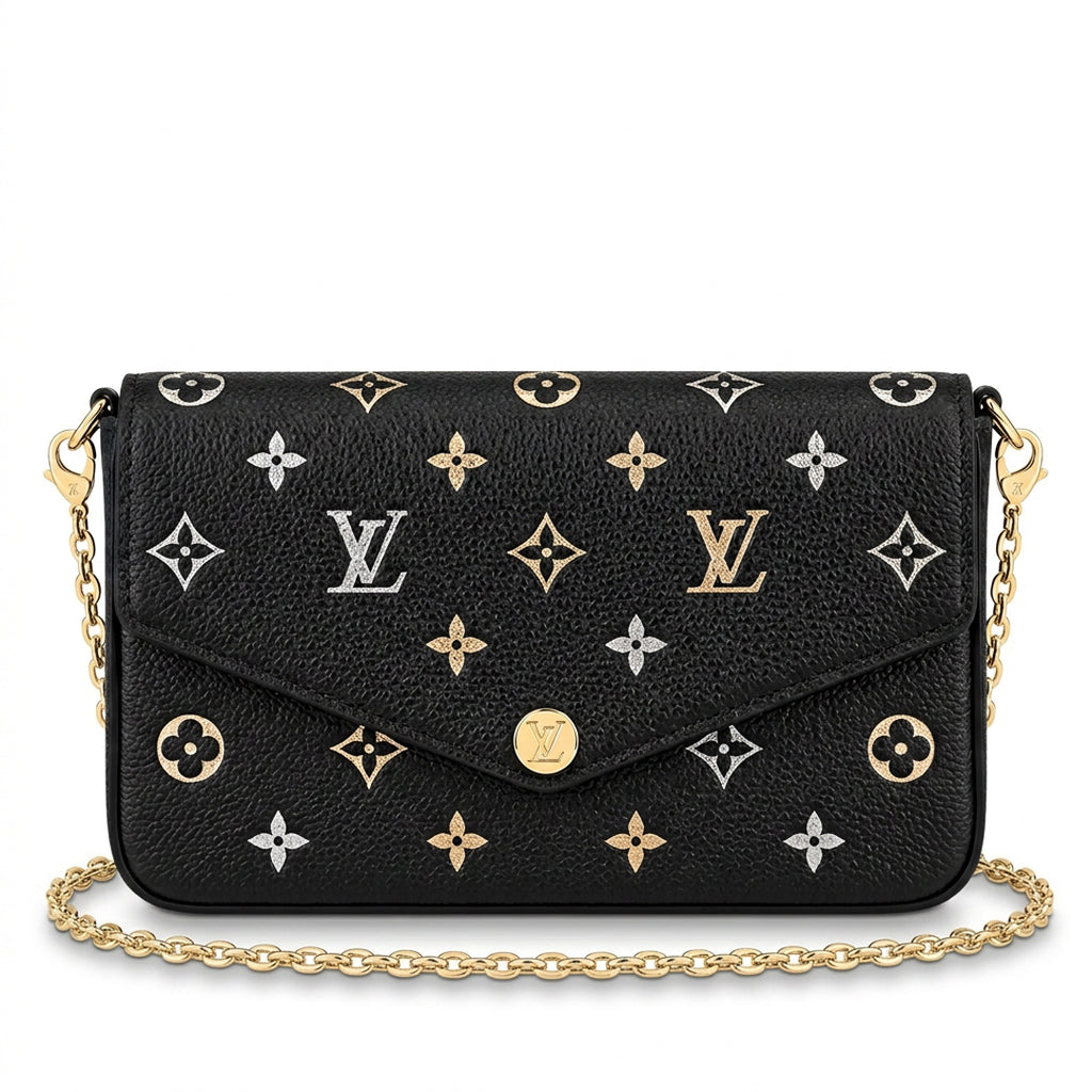 Chain Pochette Clutch - Metallic Stardust Embossed Leather (Black)