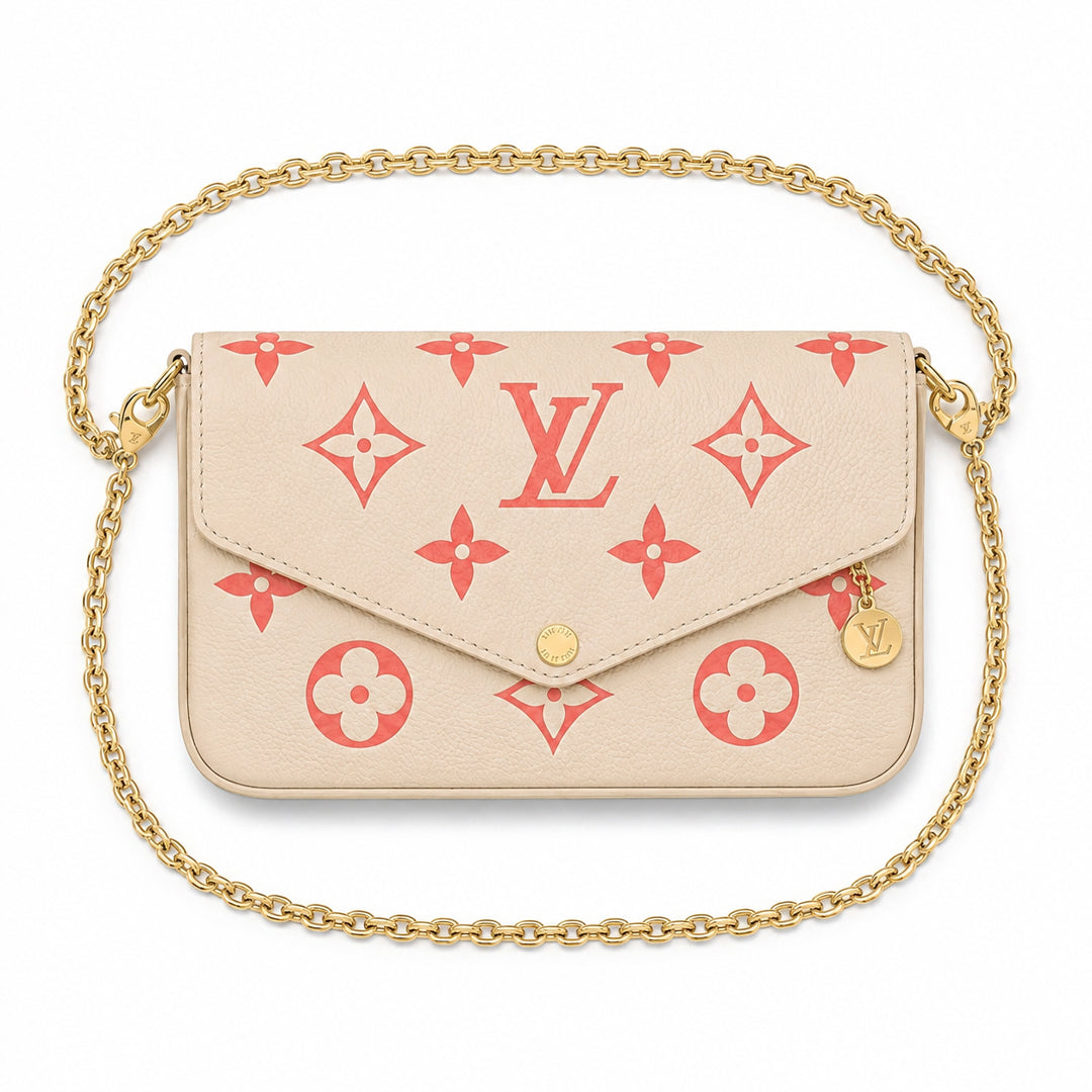 Chain Pochette Clutch - Bicolor Embossed Leather (Cream / Coral Pink)