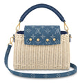Mini Top Handle Structured Flap Bag - Handwoven Rattan Wicker & Blue Denim Print