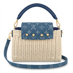 Mini Top Handle Structured Flap Bag - Handwoven Rattan Wicker & Blue Denim Print